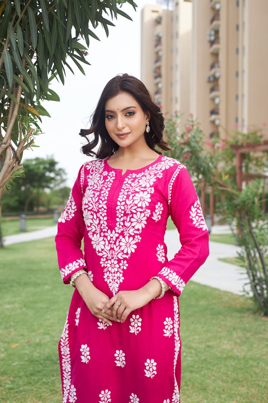 Mahika Rani Pink Lucknowi Chikankari Kurti Pant Set