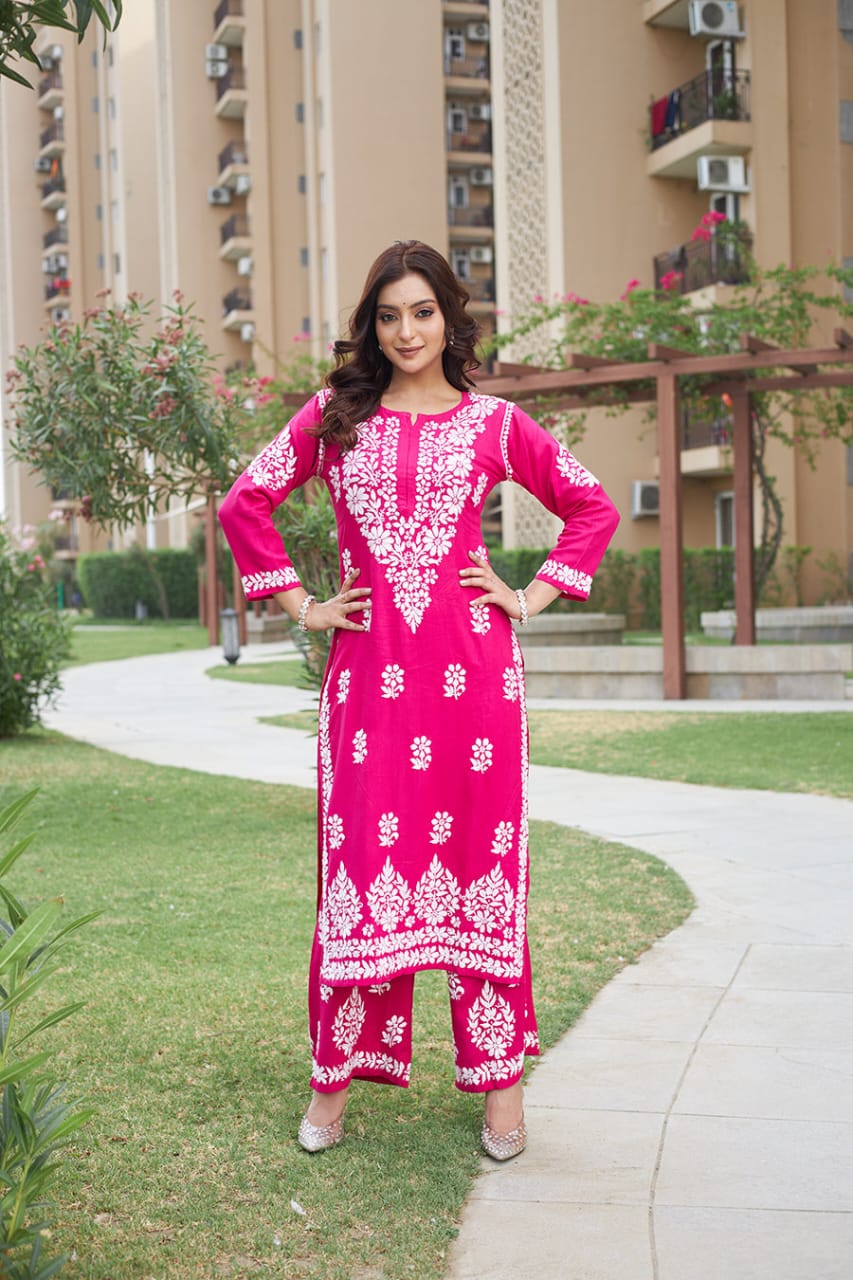 Mahika Rani Pink Lucknowi Chikankari Kurti Pant Set