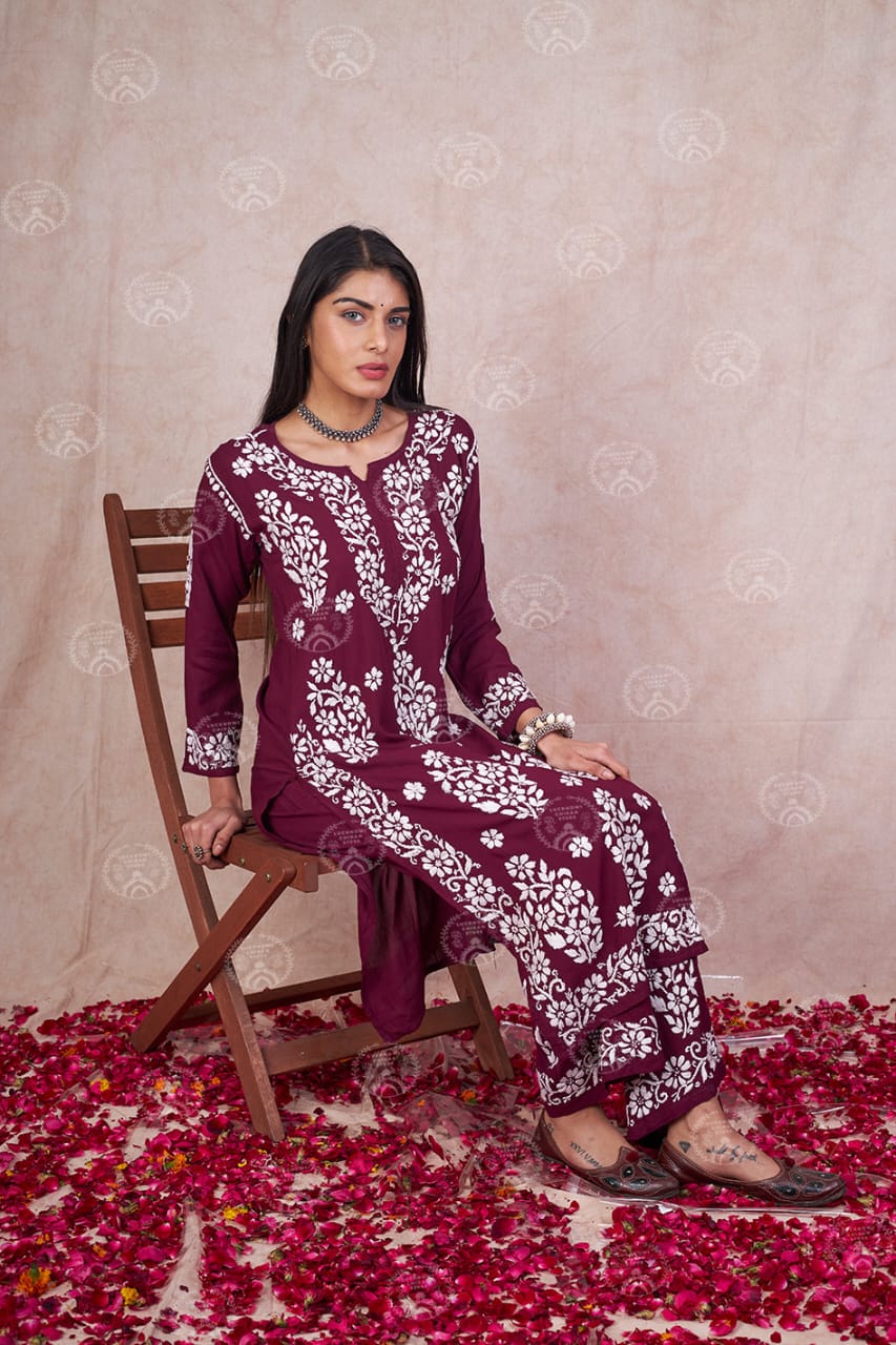 Bansari Maroon Chikankari Kurti Pant Set