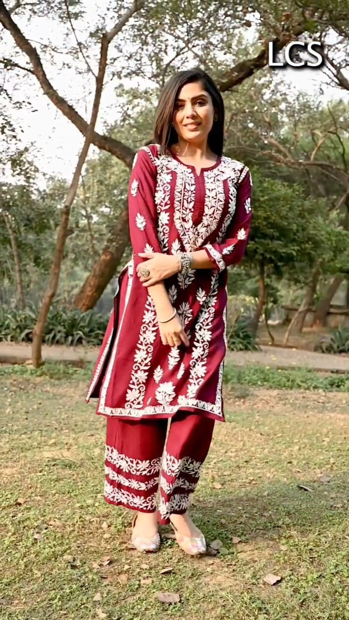 Divya Mroon Chikankari Kurti Pant Set