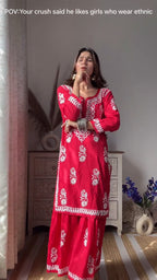 Yogita Red Chikankari Kurti Pant Set