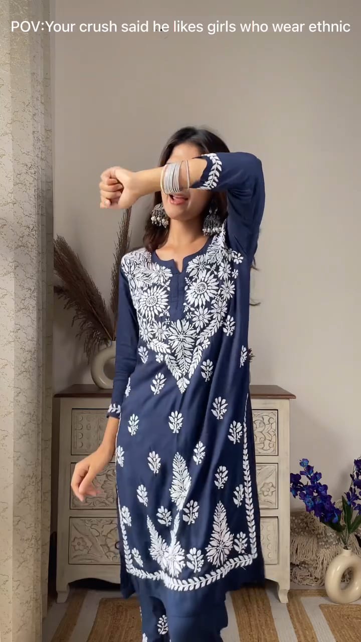 Ekta Dark Blue Chikankari Kurti Pant Set
