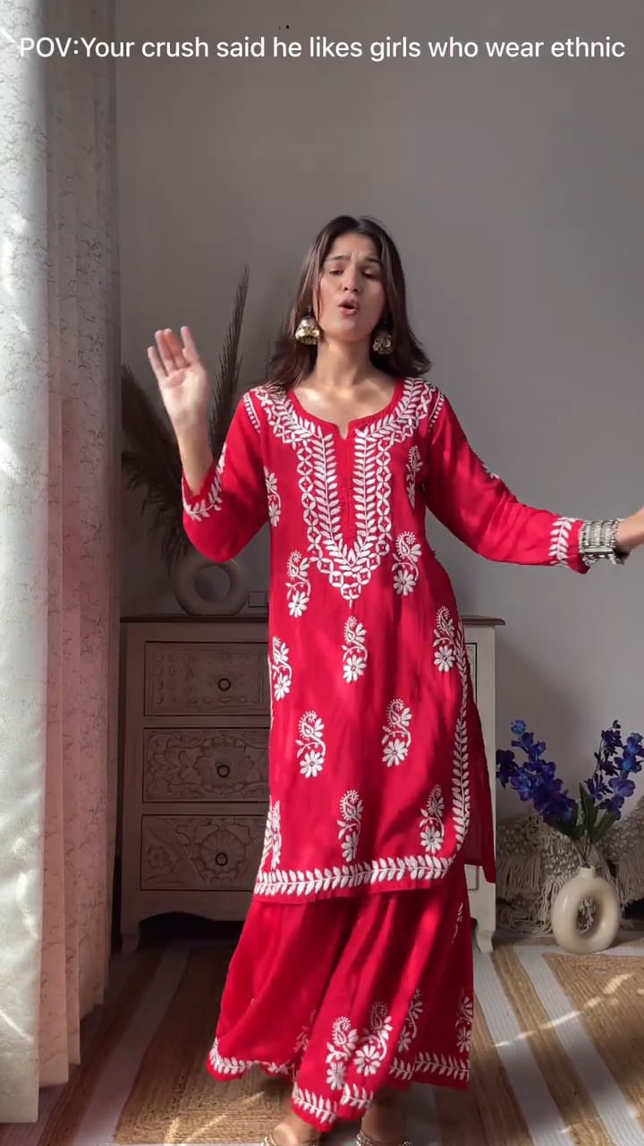 Yogita Red Chikankari Kurti Pant Set