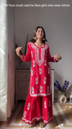 Yogita Red Chikankari Kurti Pant Set