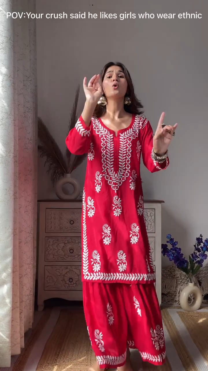 Yogita Red Chikankari Kurti Pant Set