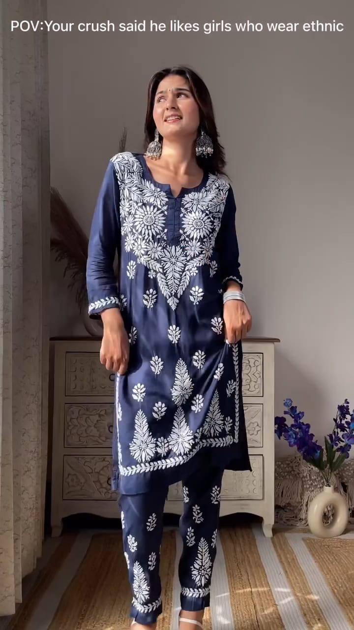 Ekta Dark Blue Chikankari Kurti Pant Set