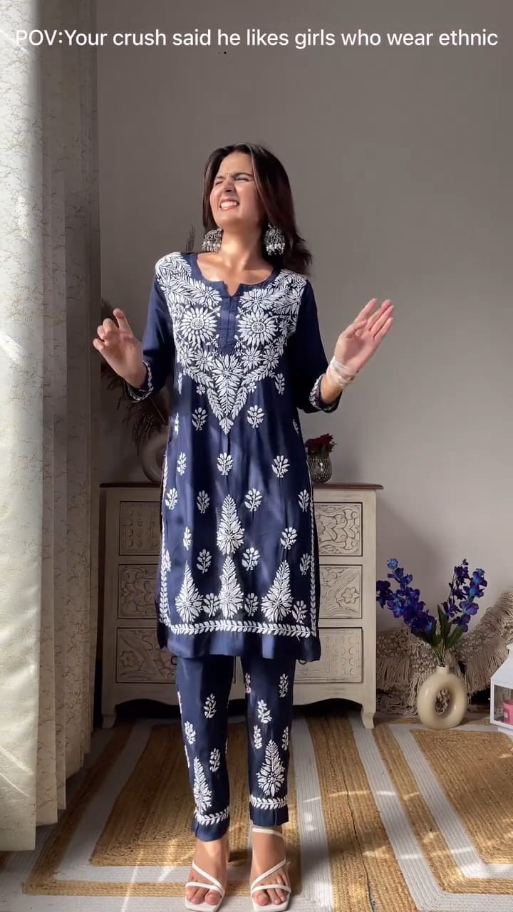 Ekta Dark Blue Chikankari Kurti Pant Set