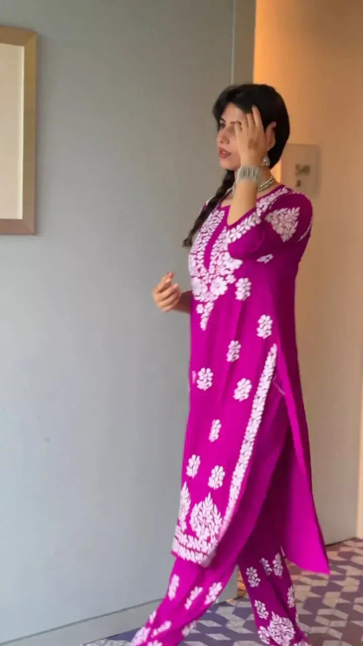 Drishti Pink Chikankari Kurti Pant Set