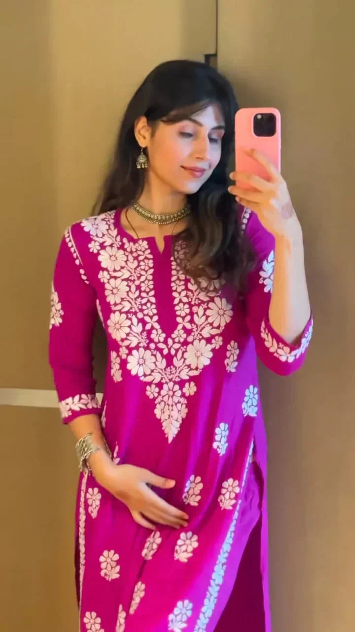 Drishti Pink Chikankari Kurti Pant Set