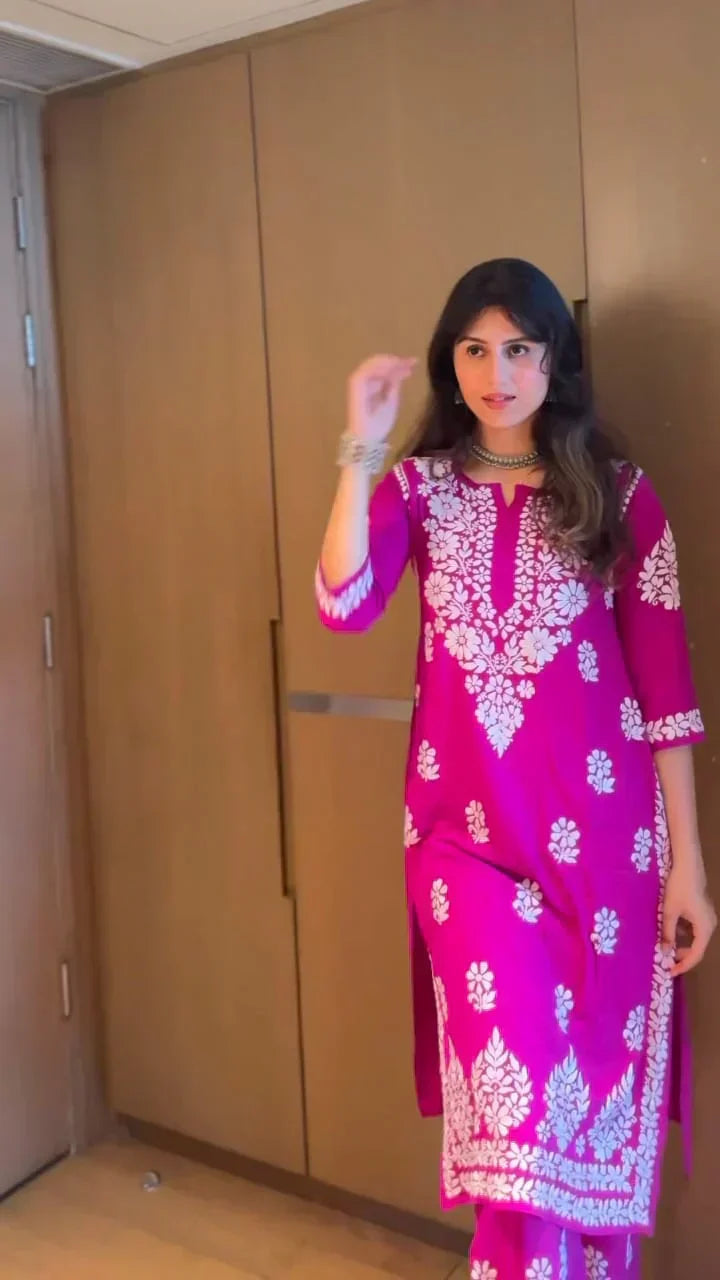 Drishti Pink Chikankari Kurti Pant Set