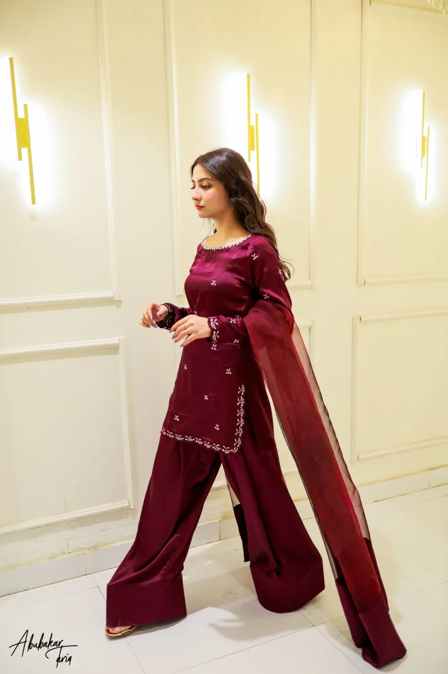 Diya Wine Embroidered Kurta Set