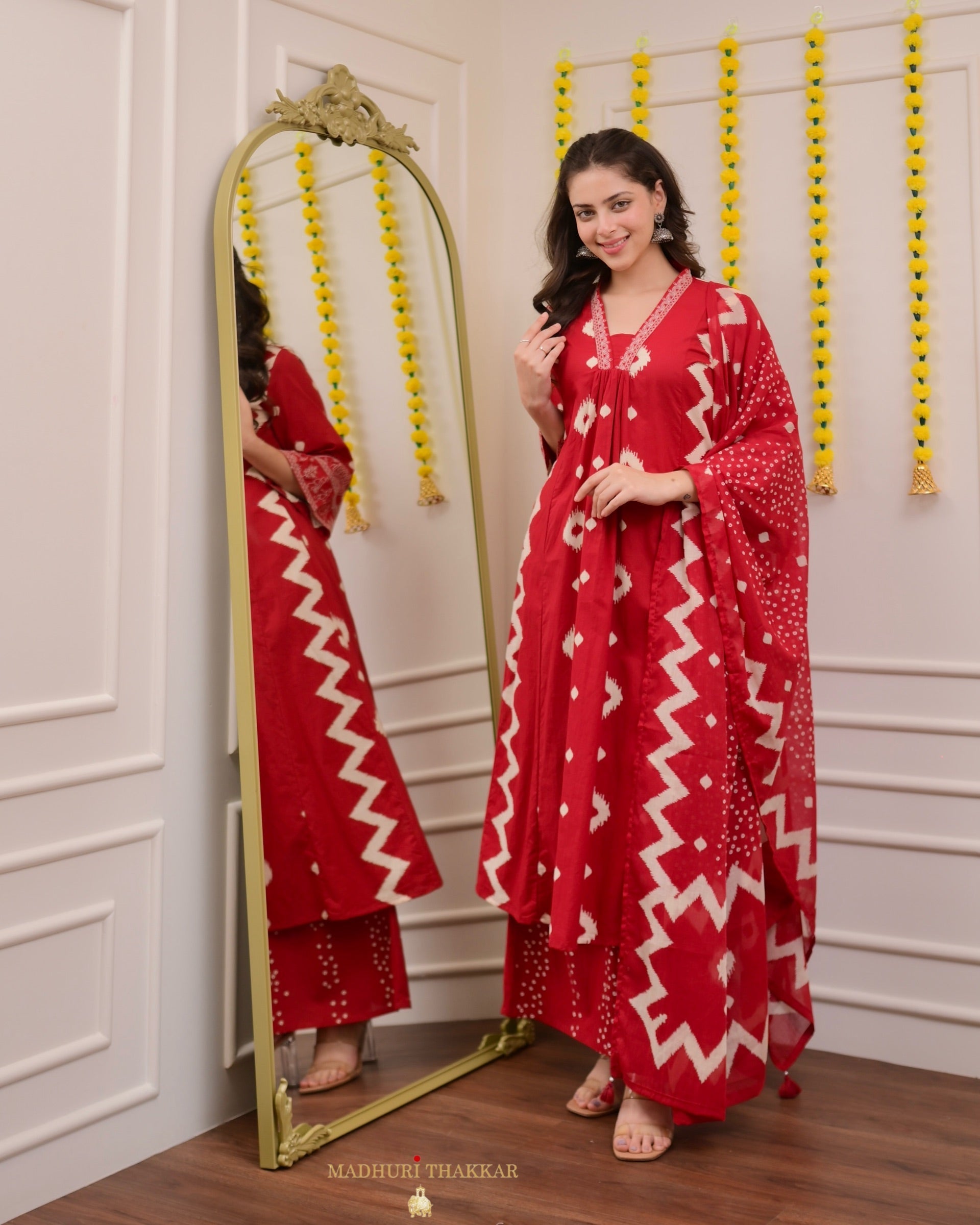 Red A Line Geometric Cotton Suit