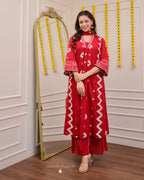 Red A Line Geometric Cotton Suit