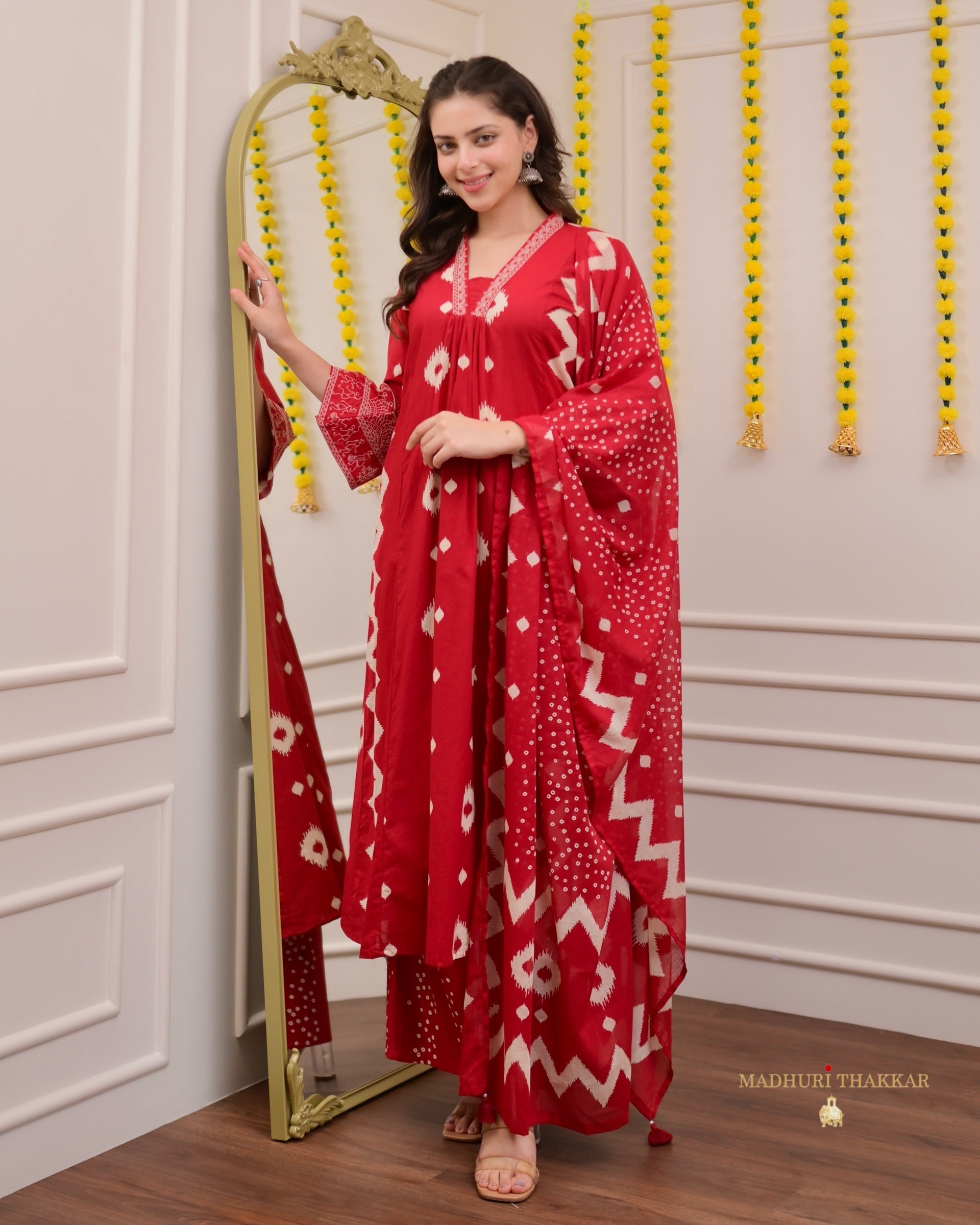 Red A Line Geometric Cotton Suit