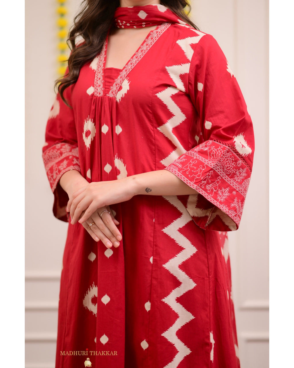 Red A Line Geometric Cotton Suit