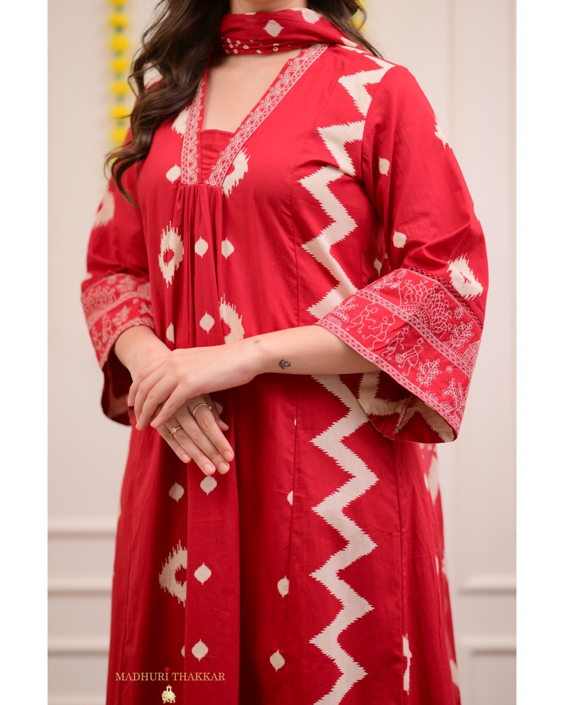 Red A Line Geometric Cotton Suit