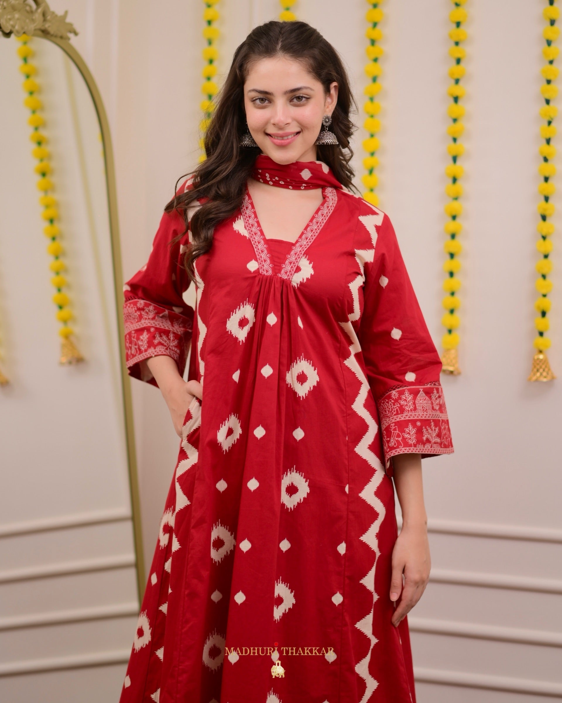 Red A Line Geometric Cotton Suit