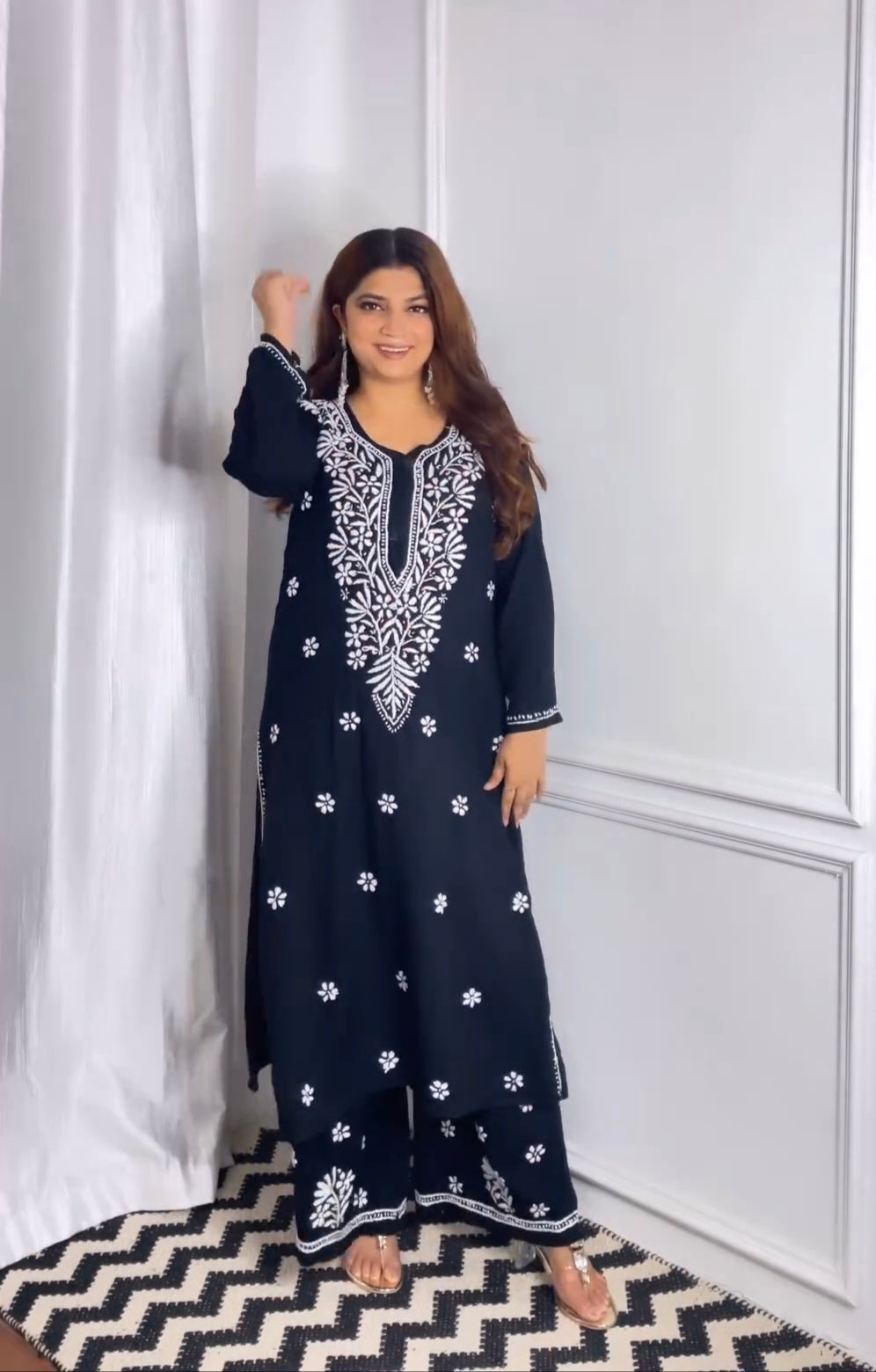 Gitanjali Black Cotton Chikankari Straight Kurta Set
