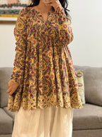 Beige Block printed cotton embroidered Anarkali with Farshi Salwar