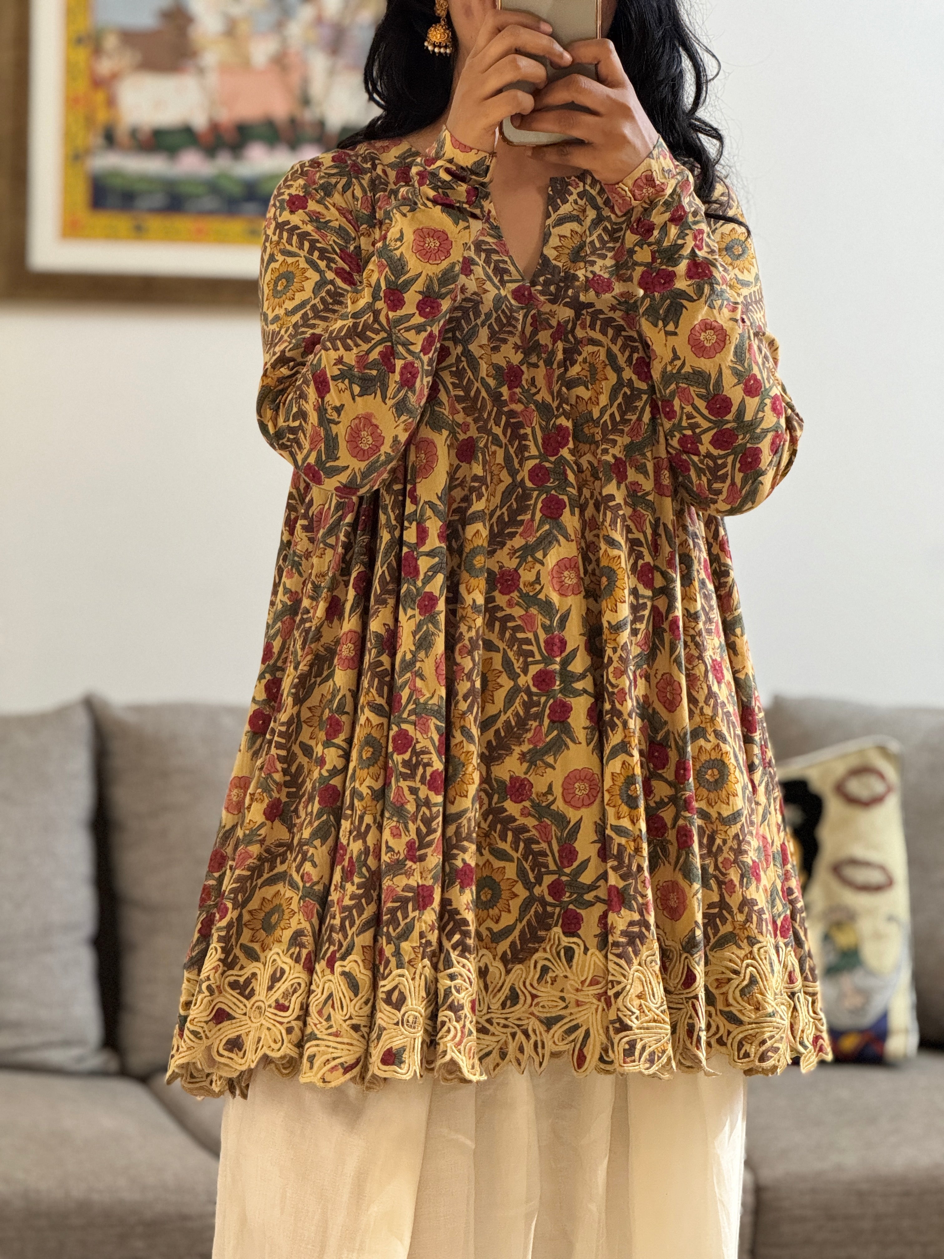 Beige Block printed cotton embroidered Anarkali with Farshi Salwar