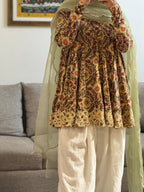 Beige Block printed cotton embroidered Anarkali with Farshi Salwar