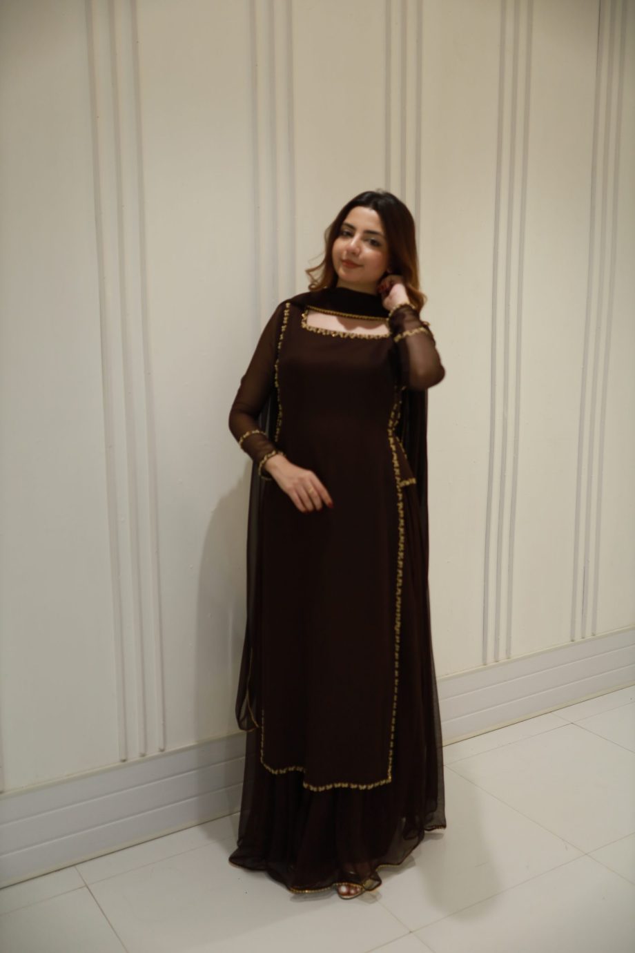 Ishani Brown Embellisshed Long Kurta With Gharara And Dupatta
