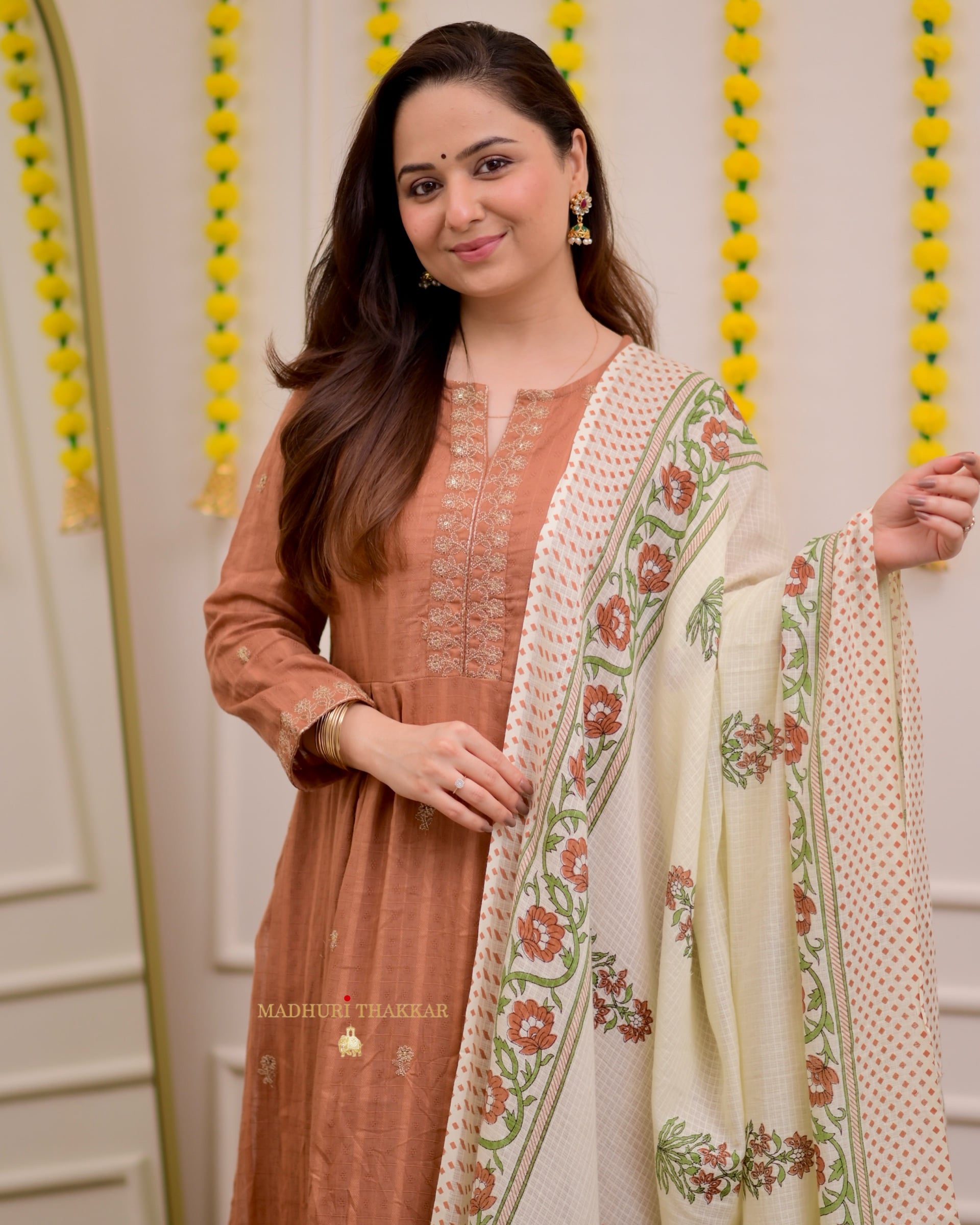 Brown A Line Cotton Festive Suit