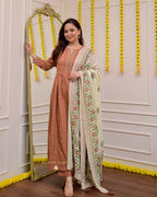 Brown A Line Cotton Festive Suit
