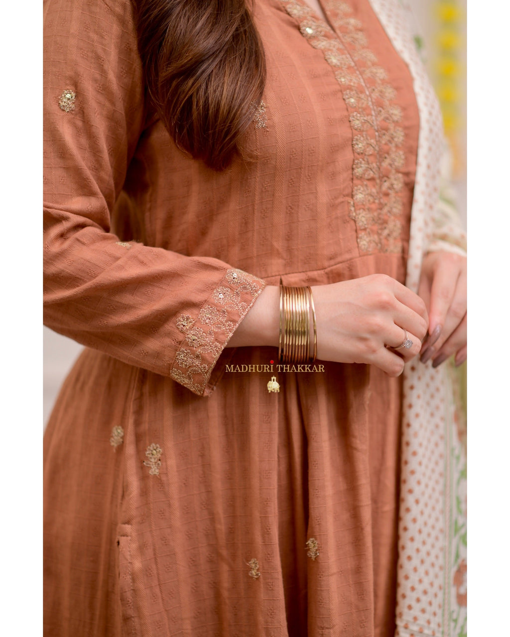 Brown A Line Cotton Festive Suit