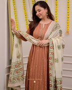 Brown A Line Cotton Festive Suit