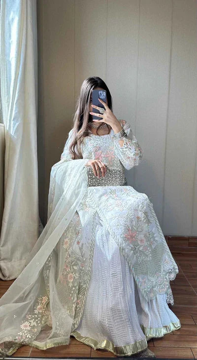 Kavya White Katan Silk Sharara Set