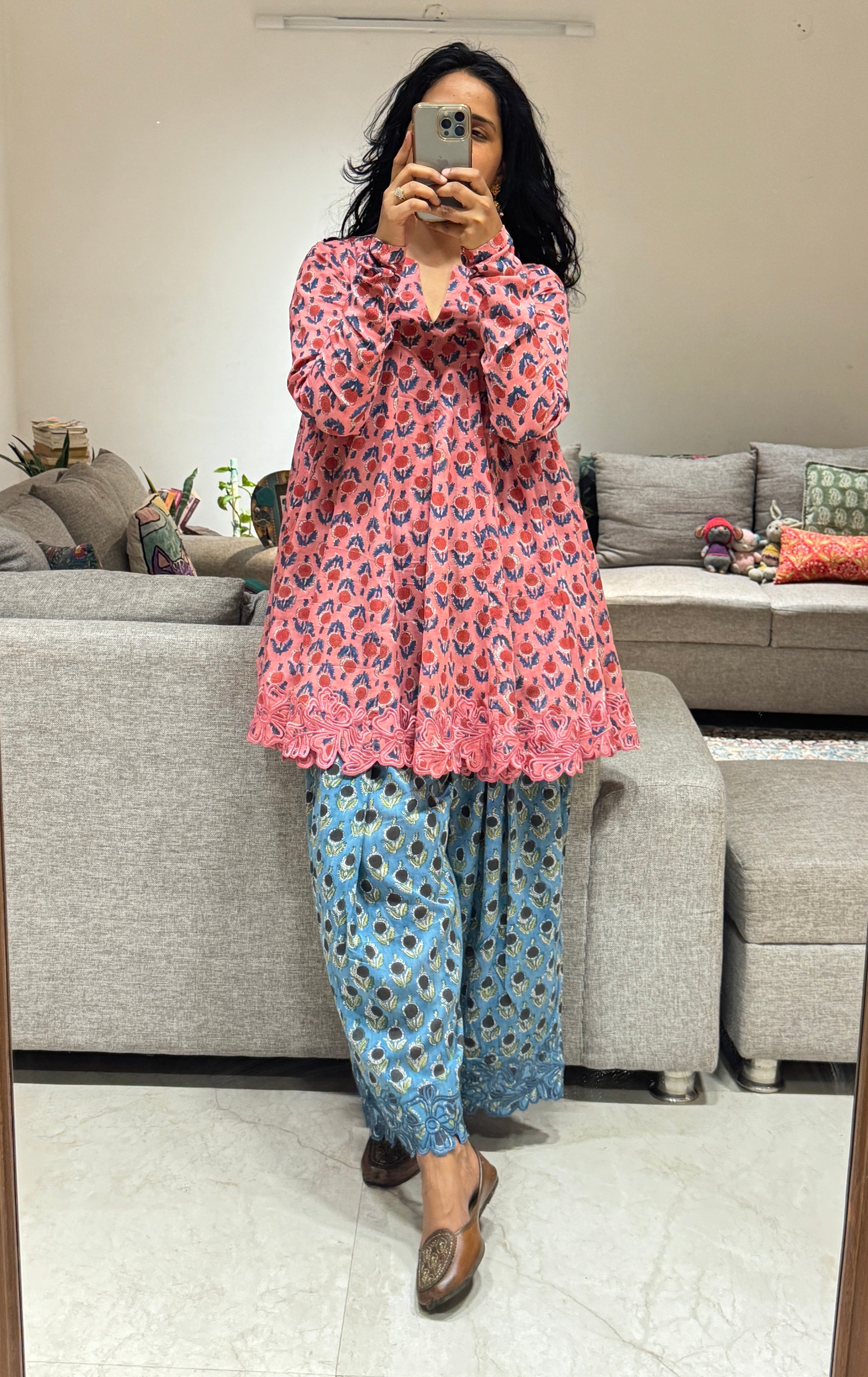 Pink/Blue Block printed cotton embroidered Anarkali with Farshi Salwar
