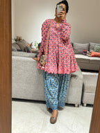 Pink/Blue Block printed cotton embroidered Anarkali with Farshi Salwar