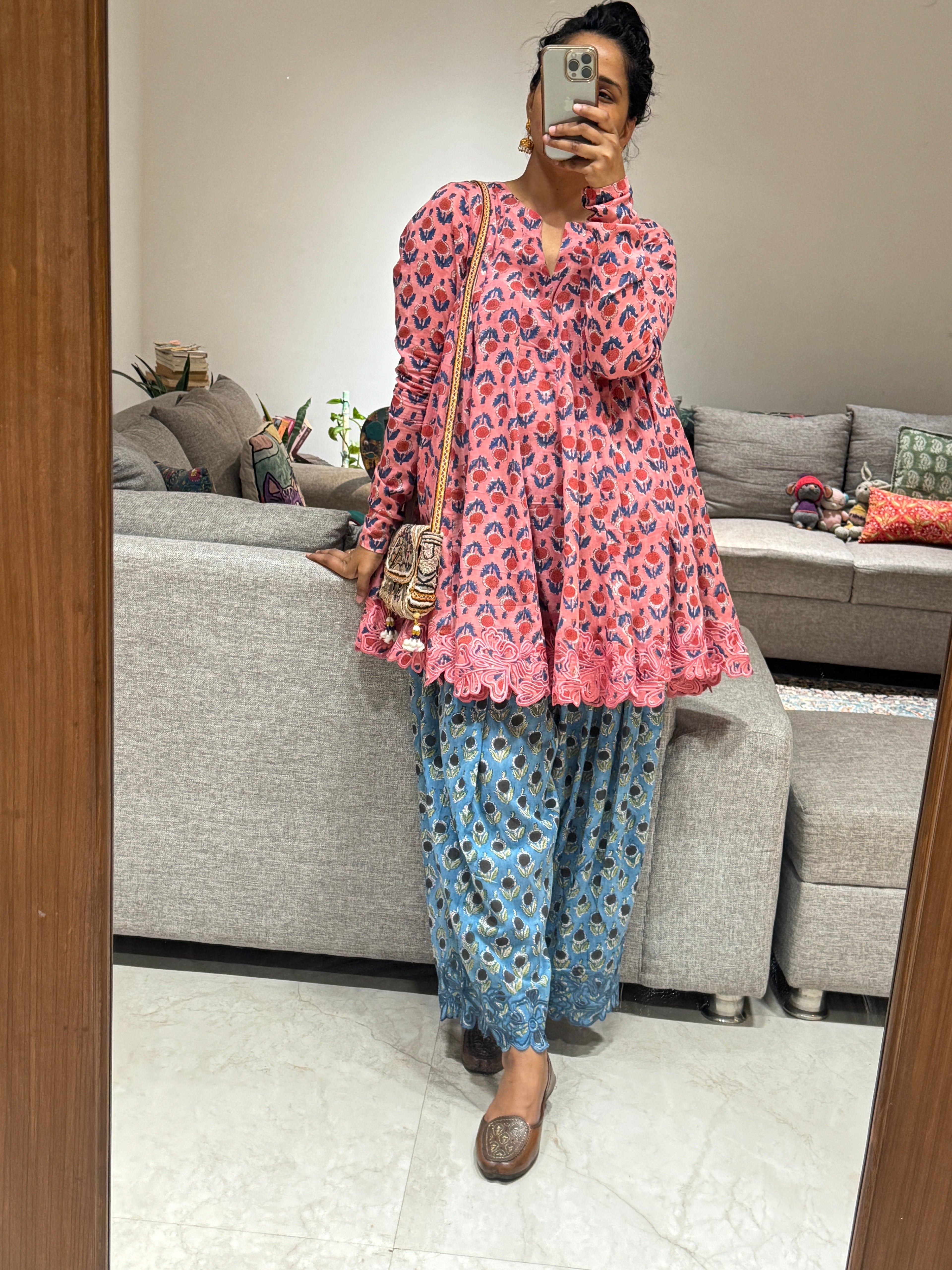 Pink/Blue Block printed cotton embroidered Anarkali with Farshi Salwar