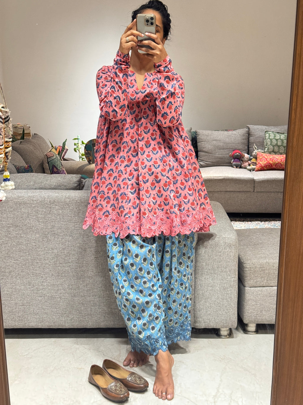 Pink/Blue Block printed cotton embroidered Anarkali with Farshi Salwar