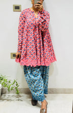 Pink/Blue Block printed cotton embroidered Anarkali with Farshi Salwar