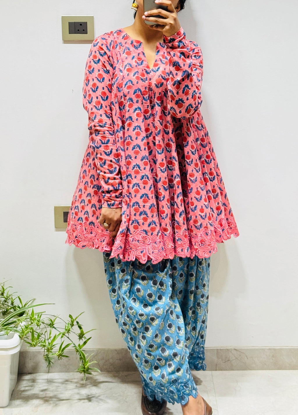 Pink/Blue Block printed cotton embroidered Anarkali with Farshi Salwar