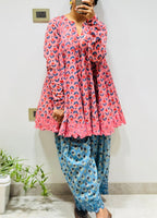 Pink/Blue Block printed cotton embroidered Anarkali with Farshi Salwar