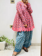Pink/Blue Block printed cotton embroidered Anarkali with Farshi Salwar