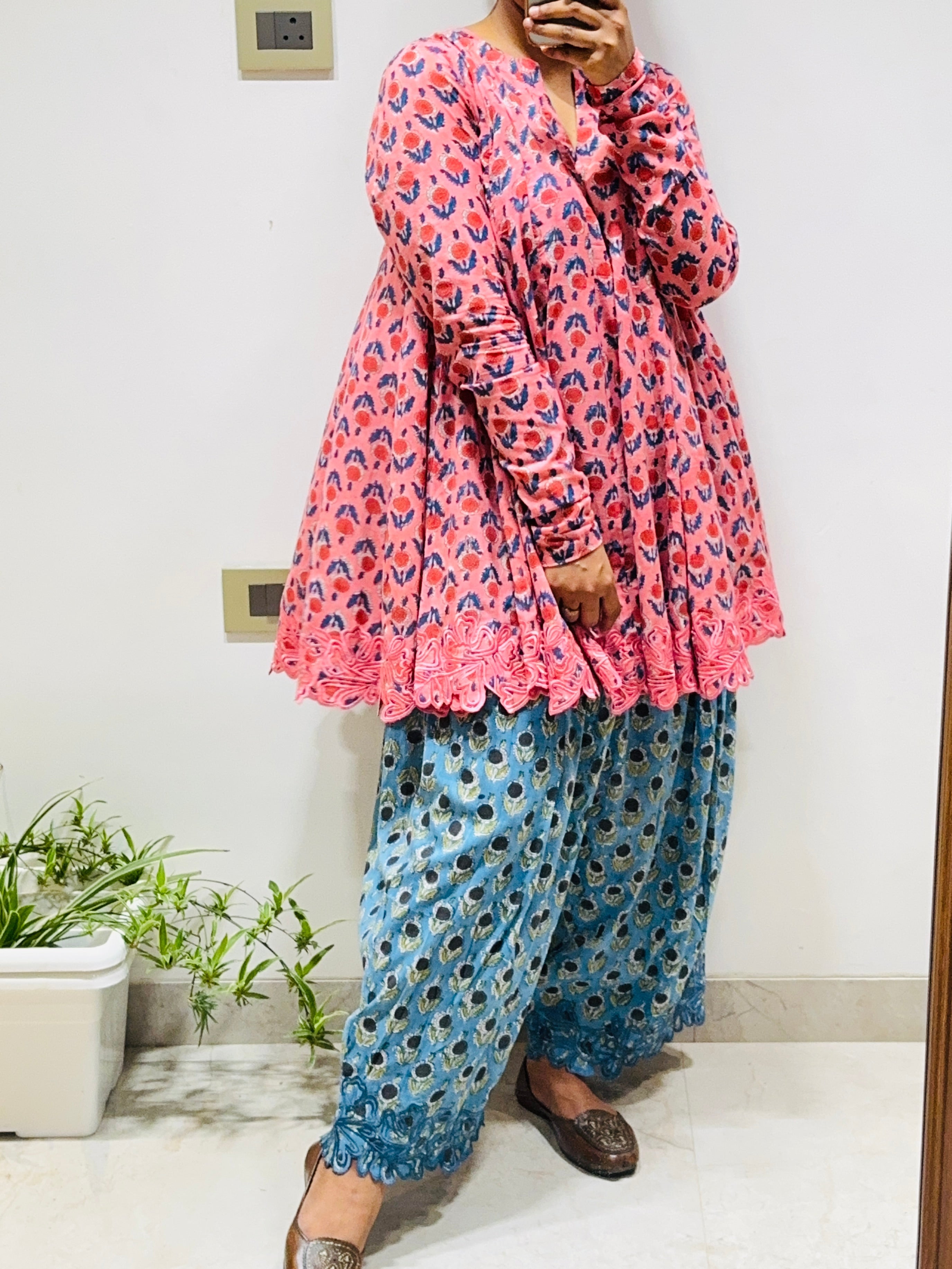 Pink/Blue Block printed cotton embroidered Anarkali with Farshi Salwar