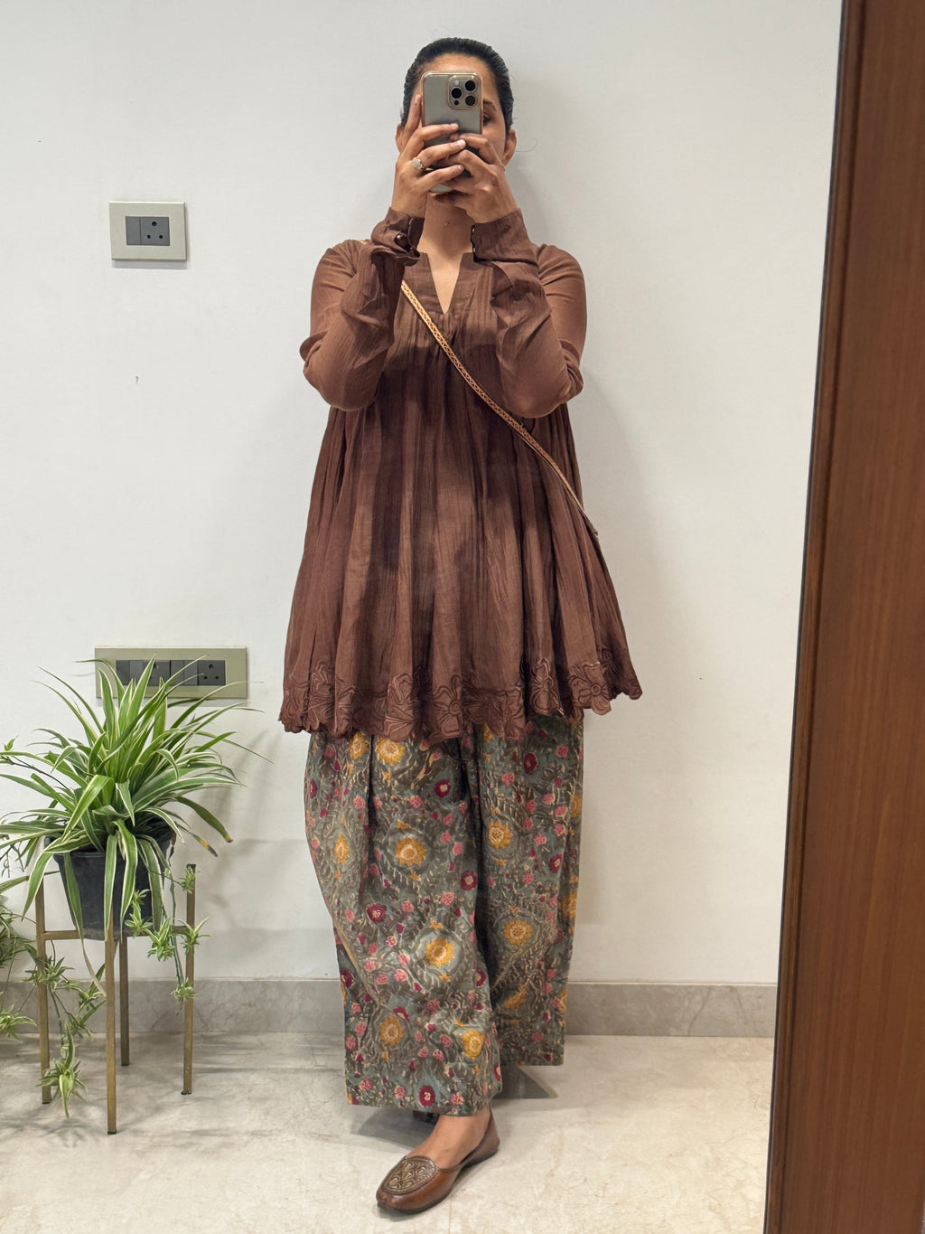 Brown/green Mul chanderi embroidered Anarkali with Cotton Farshi Salwar