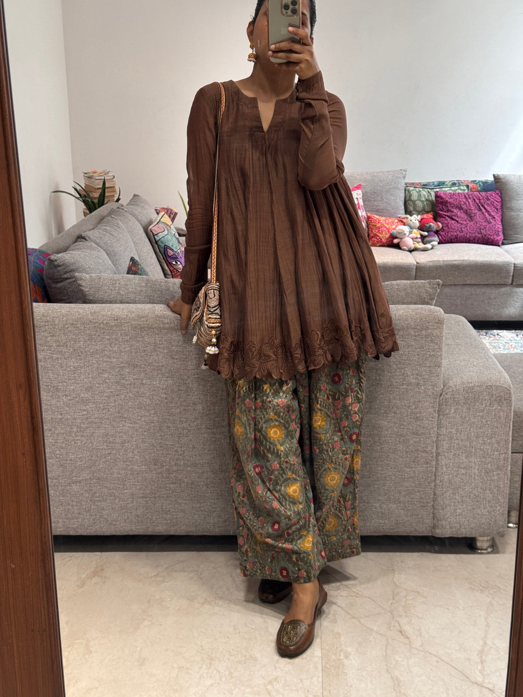Brown/green Mul chanderi embroidered Anarkali with Cotton Farshi Salwar