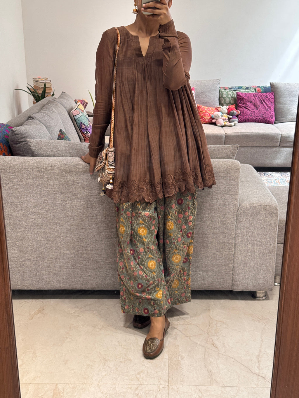 Brown/green Mul chanderi embroidered Anarkali with Cotton Farshi Salwar