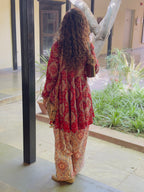 Red/White Block printed cotton embroidered Anarkali with Farshi Salwar