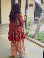 Red/White Block printed cotton embroidered Anarkali with Farshi Salwar