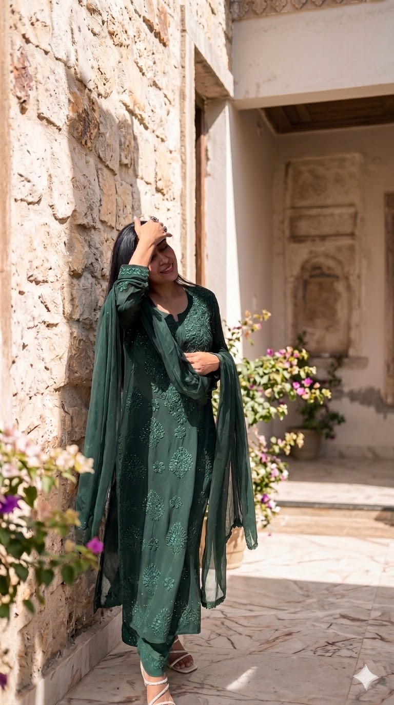 Bottle green Viscose 3D Ghaas Patti Set