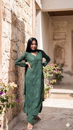 Bottle green Viscose 3D Ghaas Patti Set