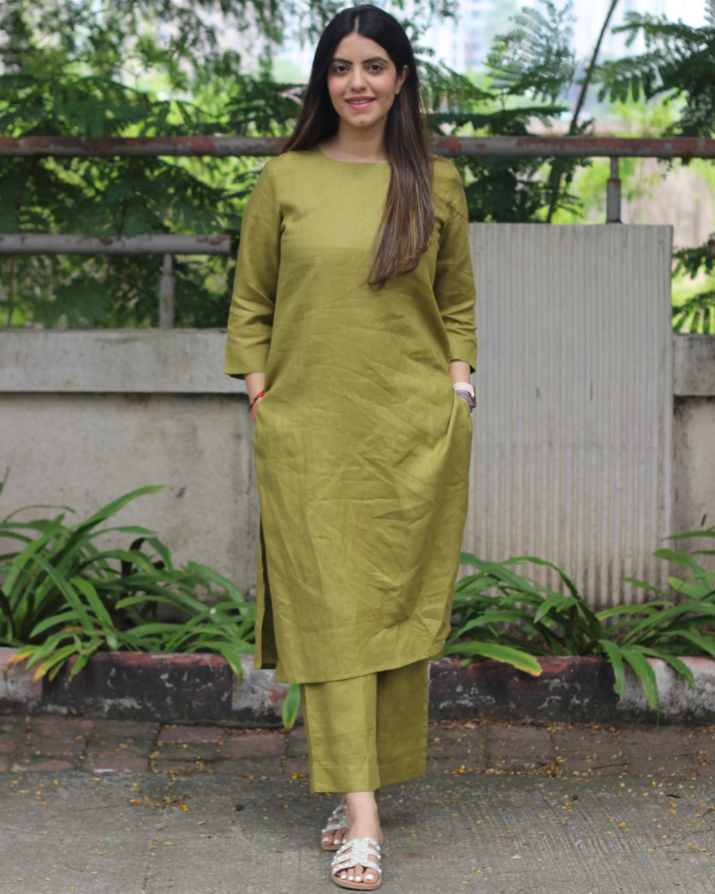 Mustard Green Premium Linen Kurta Set
