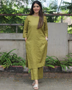 Mustard Green Premium Linen Kurta Set