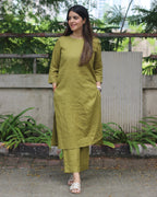 Mustard Green Premium Linen Kurta Set
